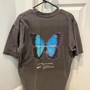 Gray T-Shirt with Blue Butterfly Graphic